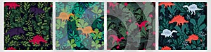Set of various colorful seamless pattern with dinosaur and tropical leaves plant