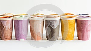 set of various colorful smoothies in take away cups isolated on white photo