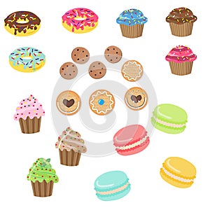 A set of various confectionery products - cookies, cakes, cupcakes, can be used for leaflets, postcards, menus, greetings and
