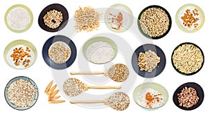 Set of various cooked and raw oat grains isolated