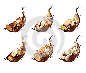 Set of various crushed nuts in chocolate splashes isolated on a white background