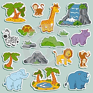 Set of various cute animals, vector stickers of safari animals