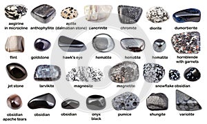 Set of various dark gemstones with names isolated