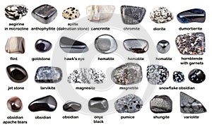 Set of various dark gemstones with names isolated photo