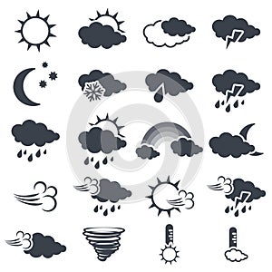 Set of various dark grey weather symbols, elements of forecast - icon of sun, cloud, rain, moon, snow, wind, whirlwind, rainbow