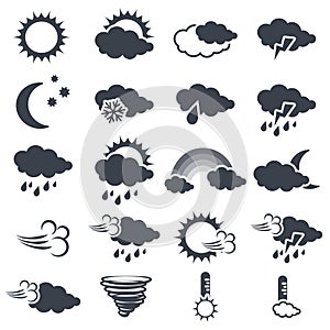 Set of various dark grey weather symbols, elements of forecast - icon of sun, cloud, rain, moon, snow, wind, whirlwind, rainbow