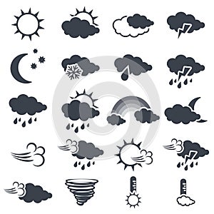 Set of various dark grey weather symbols, elements of forecast - icon of sun, cloud, rain, moon, snow, wind, whirlwind, rainbow photo