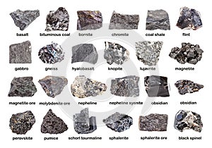 Set of various dark unpolished minerals with names