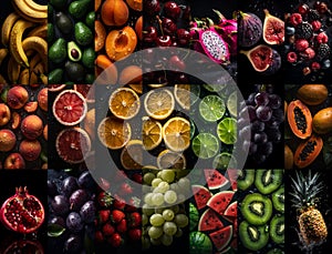 Set of various delicious fresh fruit on vertical backgrounds