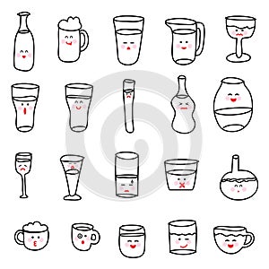 Set of various doodles, hand drawn rough simple sketches of various types of alcoholic and non-alcoholic drinks