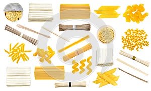 Set of various dry noodles and pasta isolated