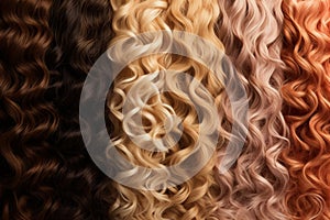 Set of various dyed human hair colorful strands background