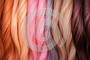 Set of various dyed human hair colorful strands background