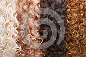 Set of various dyed human hair colorful strands background