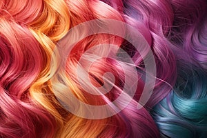 Set of various dyed human hair colorful strands background