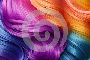 Set of various dyed human hair colorful strands background