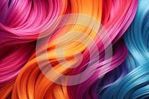 Set of various dyed human hair colorful strands background