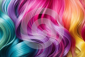 Set of various dyed human hair colorful strands background