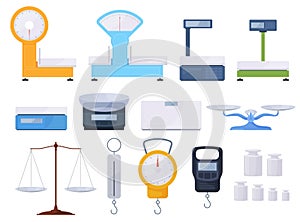 A set of various electronic and mechanical scales for measuring the mass of objects. Weighing products in the store