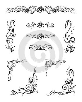 Set of various elegant floral text dividers and frame corners with roses, buds, and flourishes. Hand-drawn ornate design elements