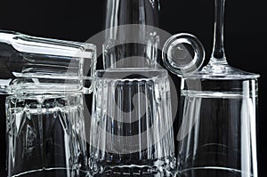 Set of various empty glasses as a background.Closeup of glasses for wine, champagne, cocktails and water