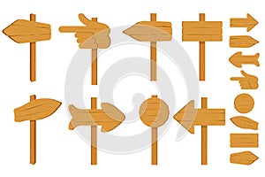 Set of various empty wooden sign boards, wood arrow sign on white background. Retro, old or vintage signs with nails.