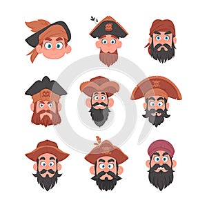 Set of various faces of pirates and robbers. Cartoon style