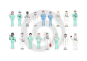 Set of Various Female Doctors on White Background