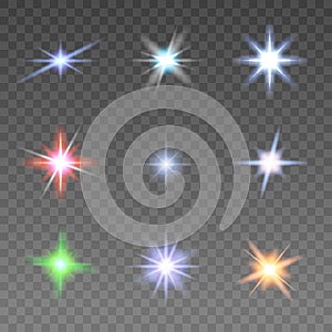 Set of various flare elements. Vector illustration with light effects for design.