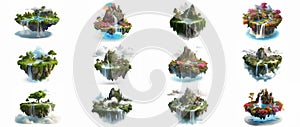 Set of various flying islands with beautiful landscape