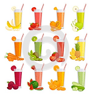 Set of various fresh juices on a white background. Vector drinks