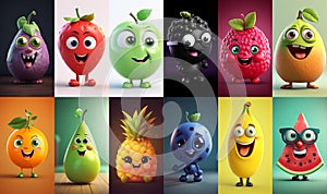 Set of various funny fruit characters. Vertical backgrounds for mobile phone