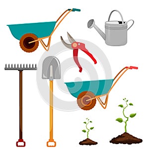 Set of various gardening items. Garden tools.