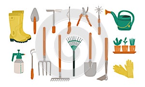 Set of various gardening items. Garden tools.