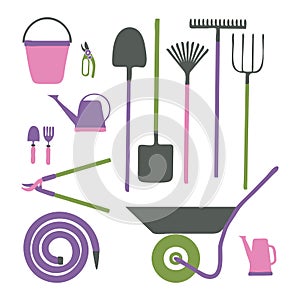 Set of various gardening tools in cartoon style