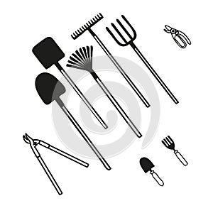 Set of various gardening tools for farming