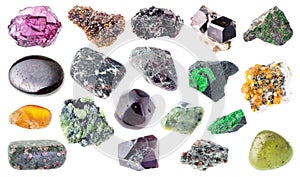 Set of various garnet crystals cutout on white
