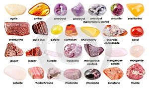 Set of various gemstones with names isolated