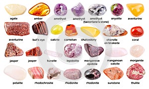 Set of various gemstones with names isolated photo