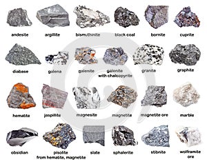 Set of various gray unpolished minerals with names