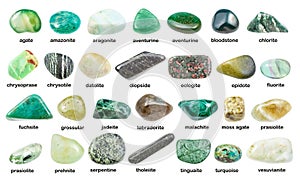 Set of various green gemstones with names isolated