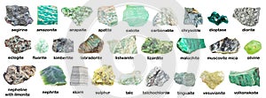 Set of various green rough minerals with names photo