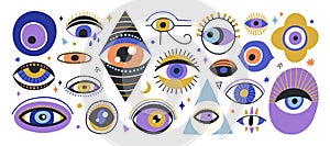 Set of various hand drawn doodle eyes vector flat illustration. Collection of evil, ra, turkish, greek and esoteric eye