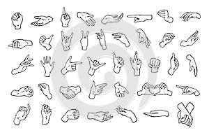 Set of various hand gestures, symbols shown with palm and fingers drawn with black contour lines on white background photo