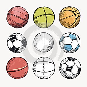 Set various handdrawn sports balls including basketball, tennis, balls. Sketched style sports