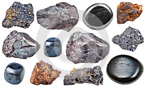 Set of various hematite rocks and gemstones