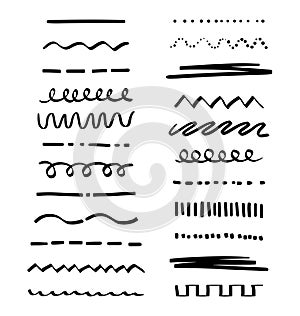 A set of various highlighter and underline lines. A collection of graphic elements drawn by hand with a free brush. Vector stock