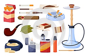 A set of various hookah cigarettes and smoking elements. Smoking is bad for your health. Vector illustration on a white