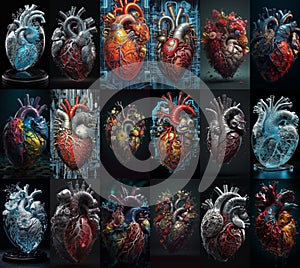 Set of various human heart in different styles