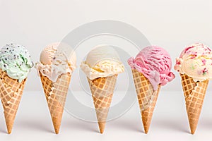 Set of various ice cream scoops of different colors and flavours in waffle cones